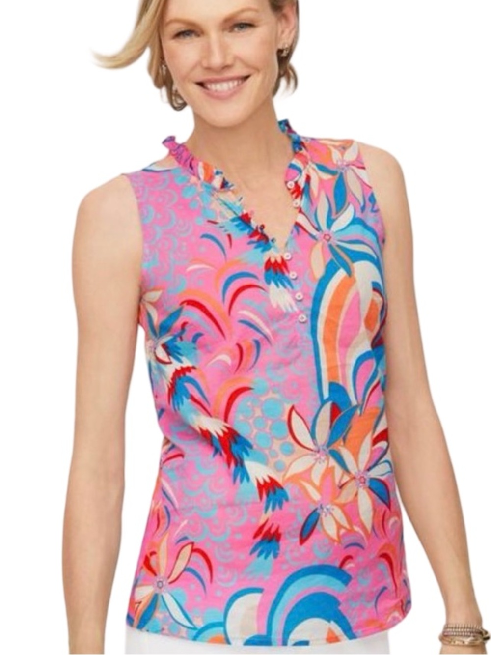 EUC Talbots Sleeveless Floral Wave Print Shell in Pink Blue Orange